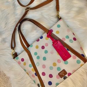 CUTE Vintage Fossil Polka Dot Tote Cross-body Leather Trim Fuschia Key Hang Tag